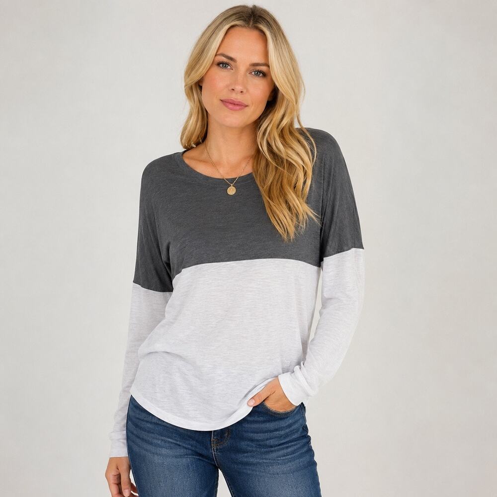 PINK Long Sleeve T-Shirt Womens Small Gray White Colorblock Pullover Top